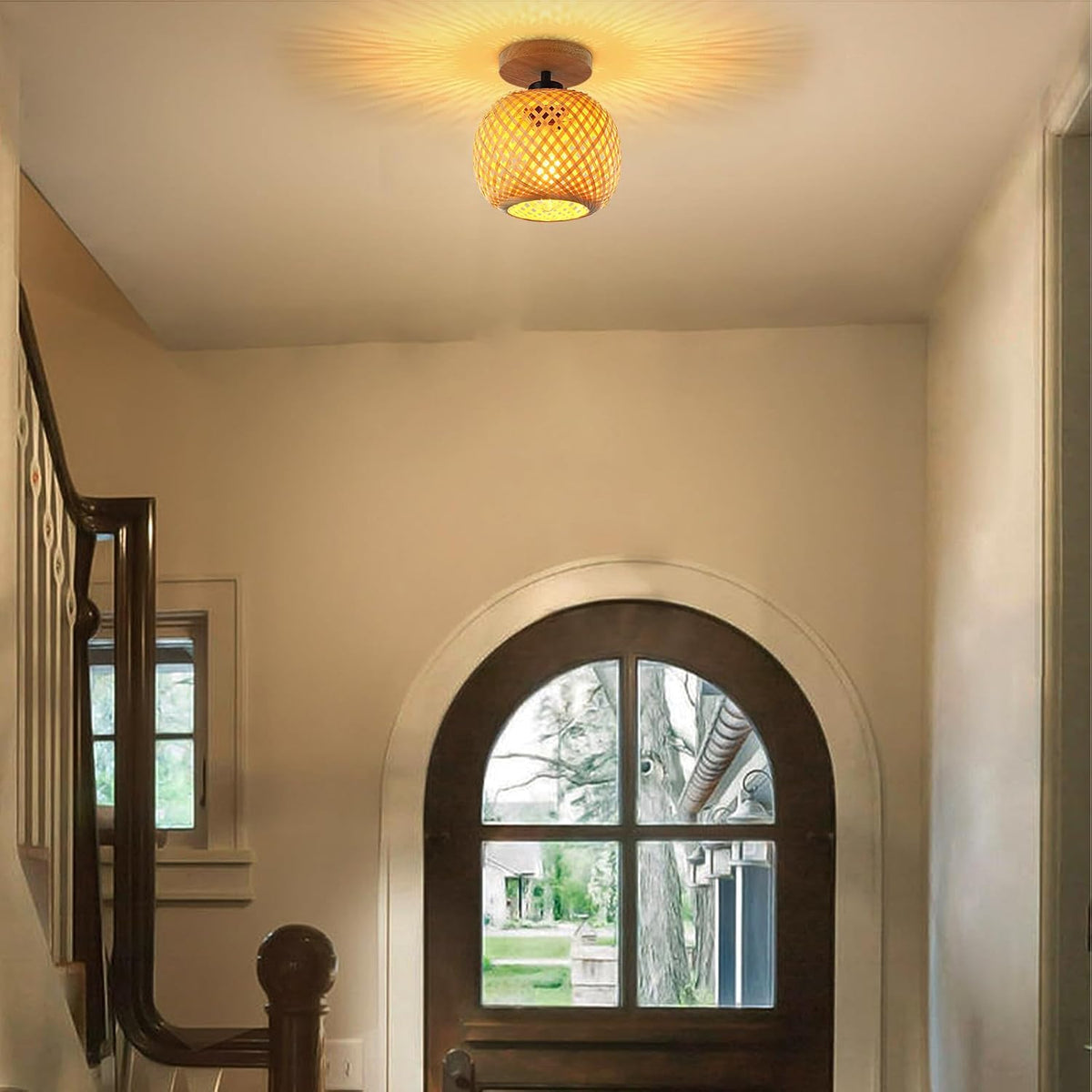 Bamboo Ceiling Light Boho Rattan Semi Flush Mount Farmhouse Fixture Mini Size