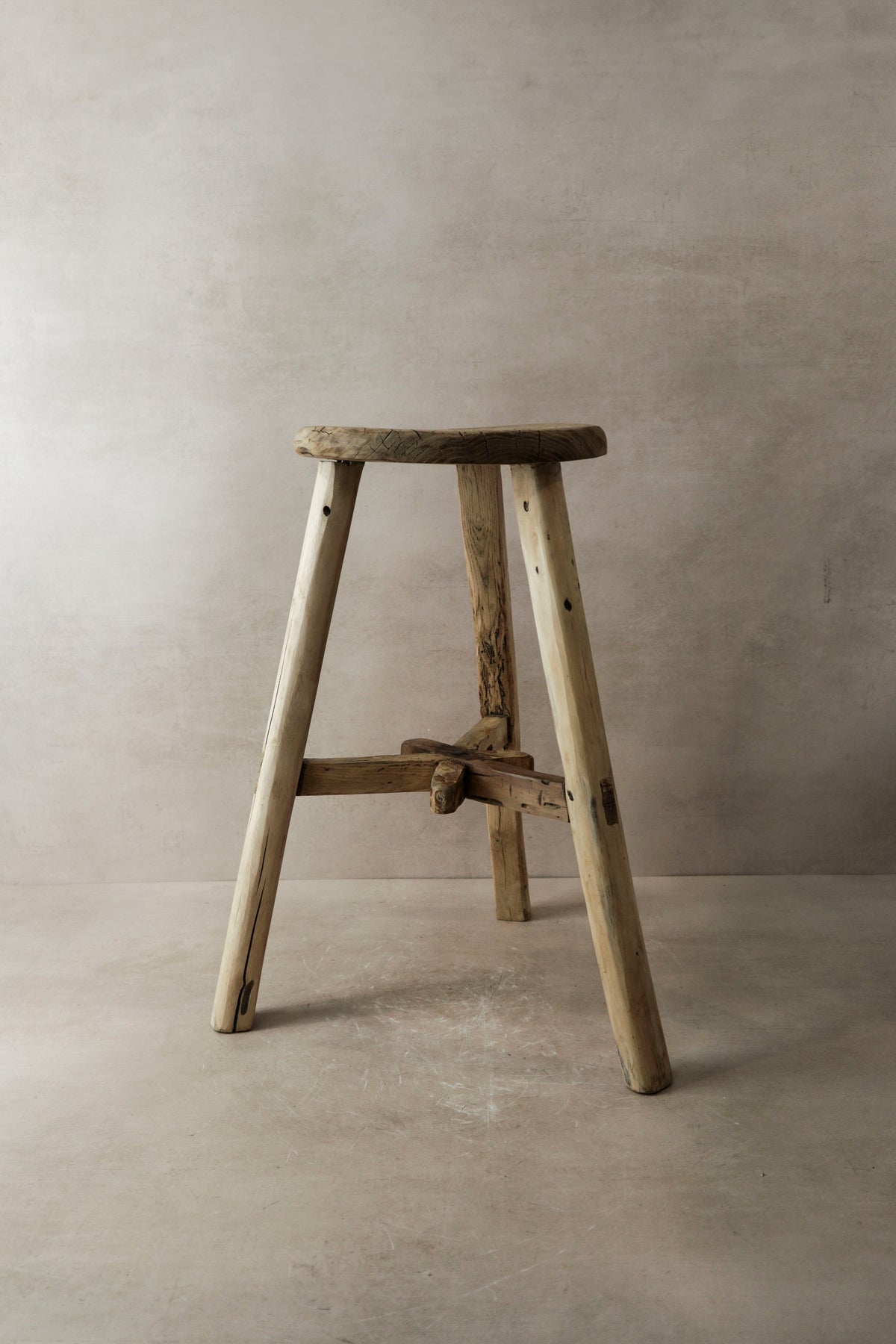 Vintage Rustic Elm Wood Stool - Round - No 4