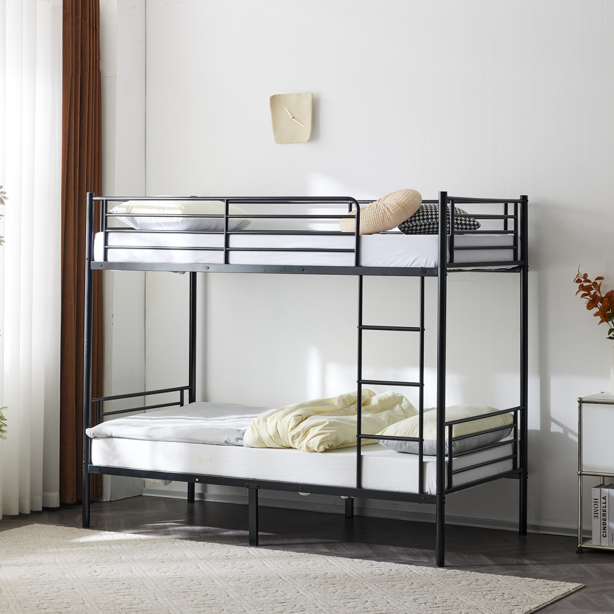 Twin Over Twin Bunk Bed for Kids Teens Adults, Heavy Duty Metal Bunk Bed with Ladder & Full-Length Guard Rail & Storage Space, Black