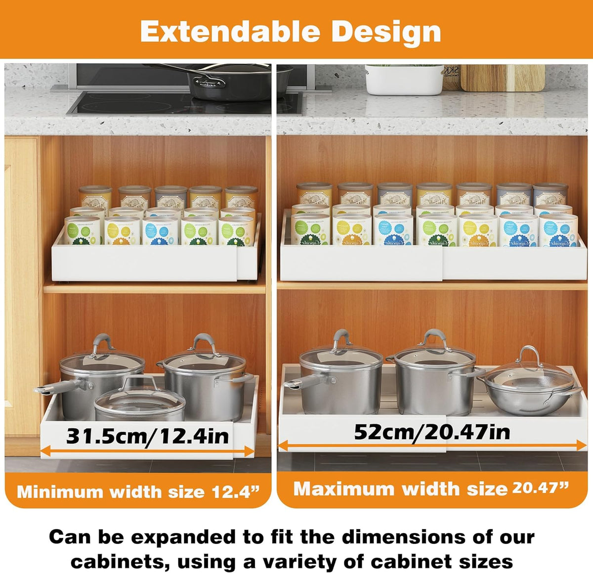 COVAODQ Pull-Out Kitchen Storage Organizer, Adjustable 31.5-52CM, 2-Pack