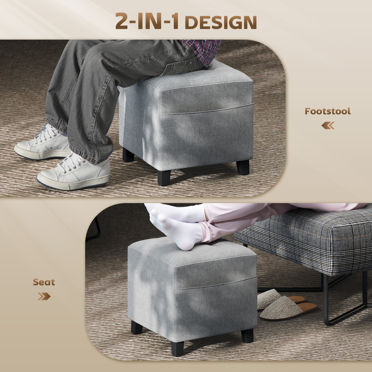HOMCOM Small Footstool Square Ottoman with Padded Seat, Light Grey