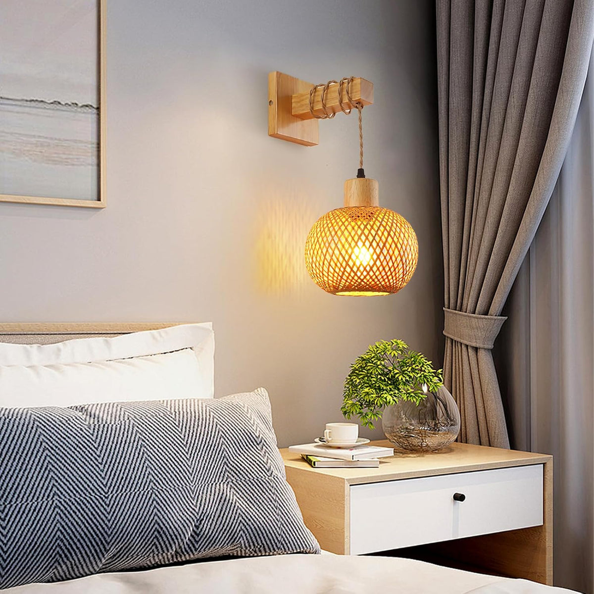 Schindora Boho Bamboo Wall Light – Handwoven E27 Lamp Shade