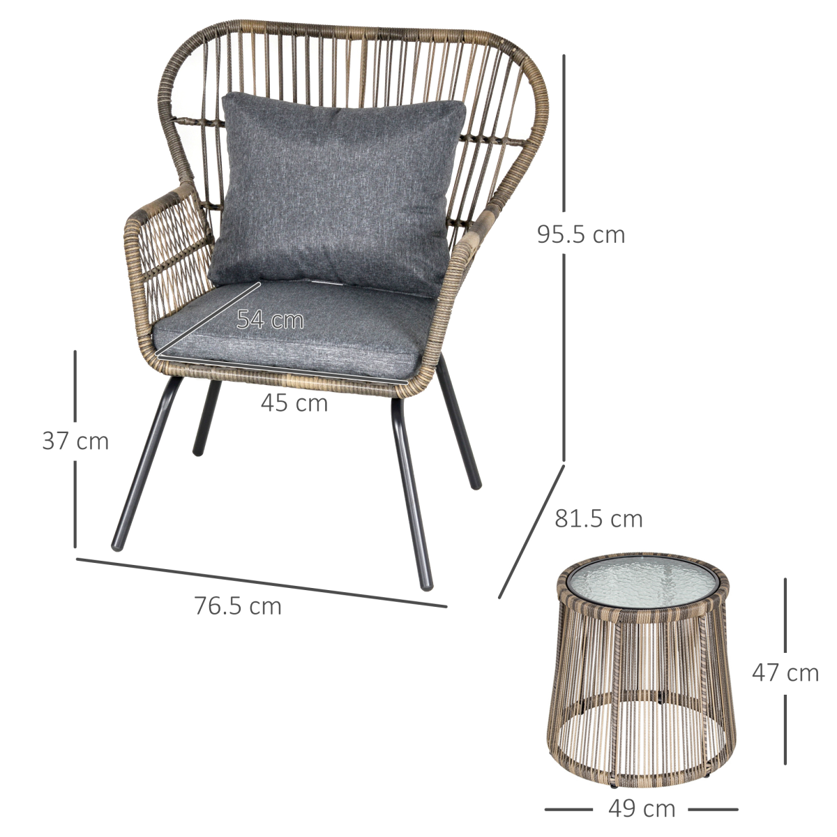 3 PCS Webbed PE Rattan Outdoor Patio Set w/ Cushions Steel Frame Grey Outsunny