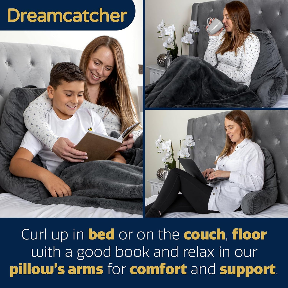 Grey Reading Pillow Memory Foam Cushion with Backrest Arm Support Dreamcatcher