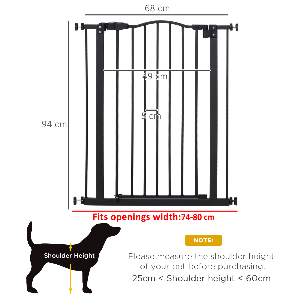 74-80cm Adjustable Metal Pet Gate Safety Barrier w/ Auto-Close Door Black