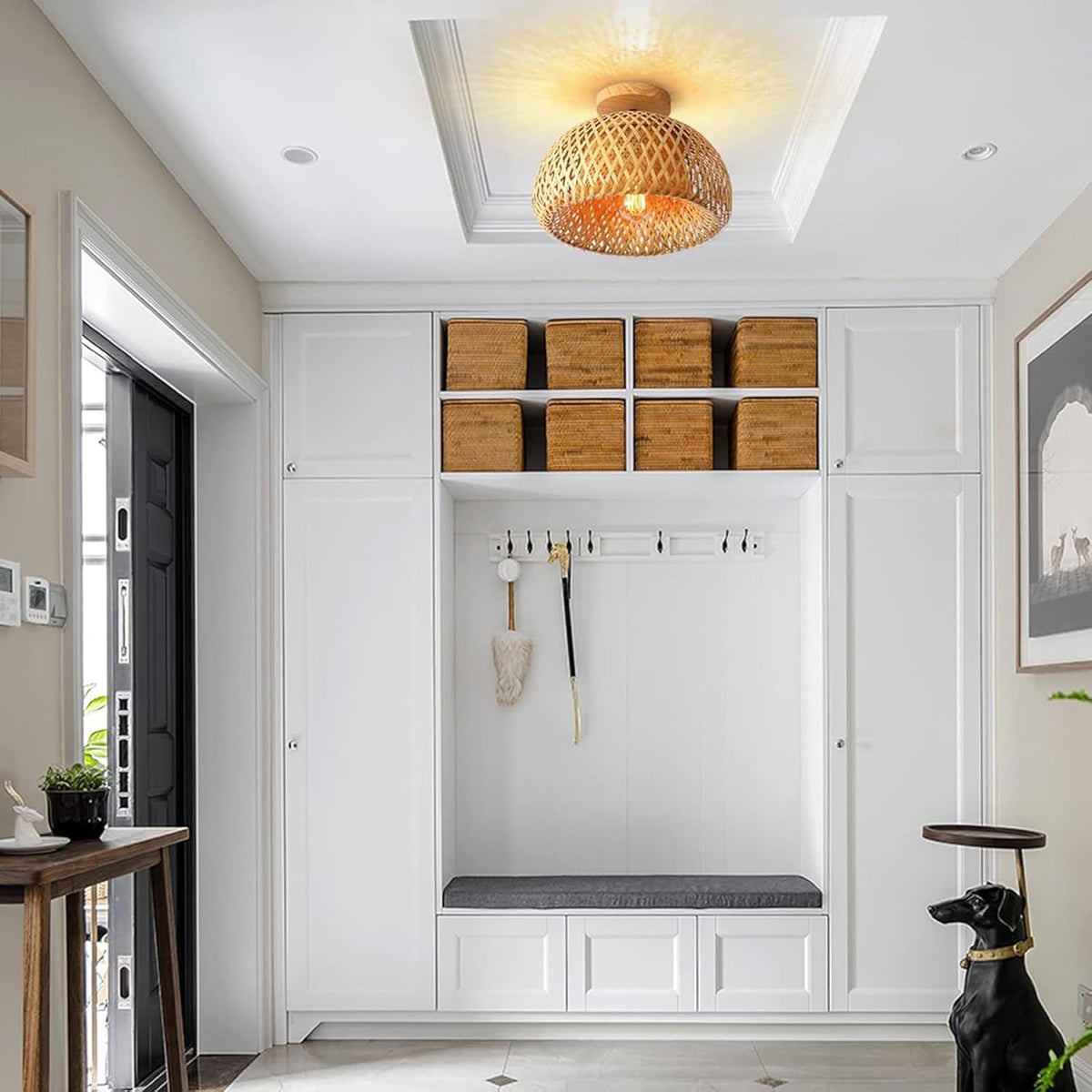Bamboo Ceiling Light Rattan Semi Flush Mount Boho Farmhouse Lamp Schindora