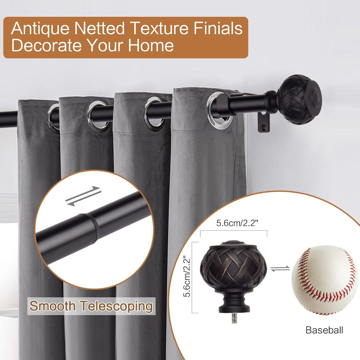 3pcs SZXIMU Curtain Pole 182-365cm (72-144''), Extendable, Netted Finials, Black