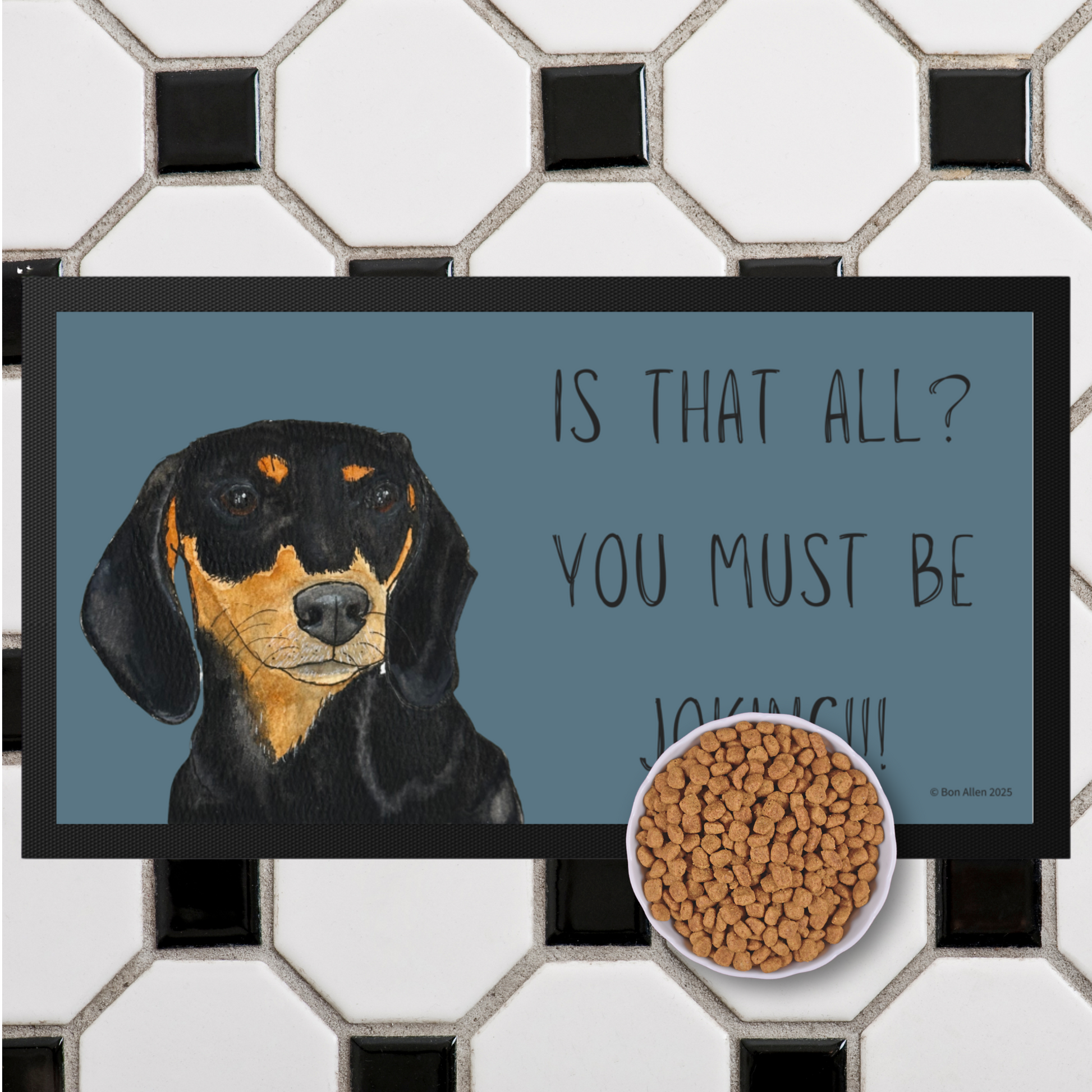 Black & Tan Dachshund Dining Drama – Hilarious Pet Bowl Mat!