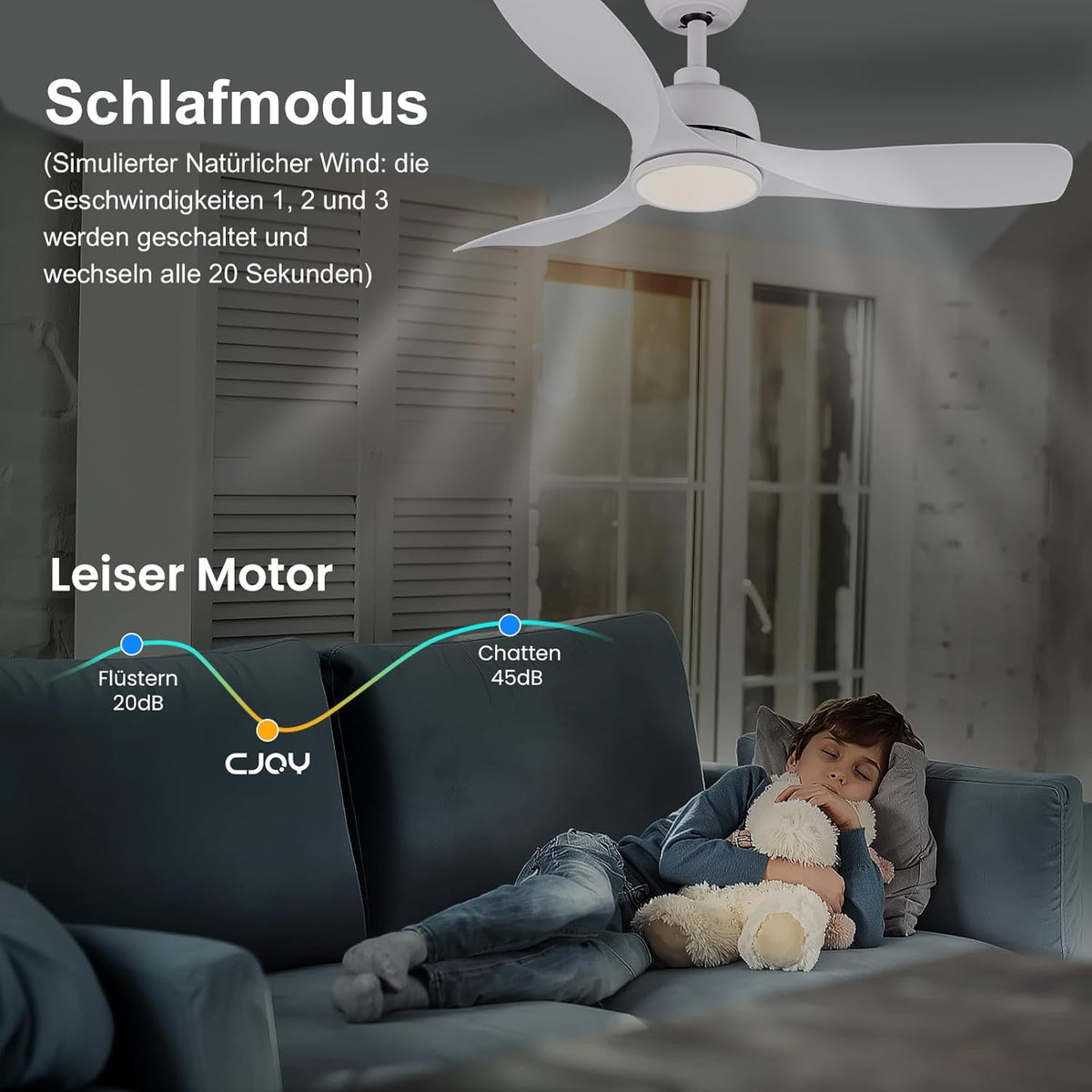 CJOY 42" White Ceiling Fan with Light & Remote, 3 Blades, Quiet DC Motor, Timer