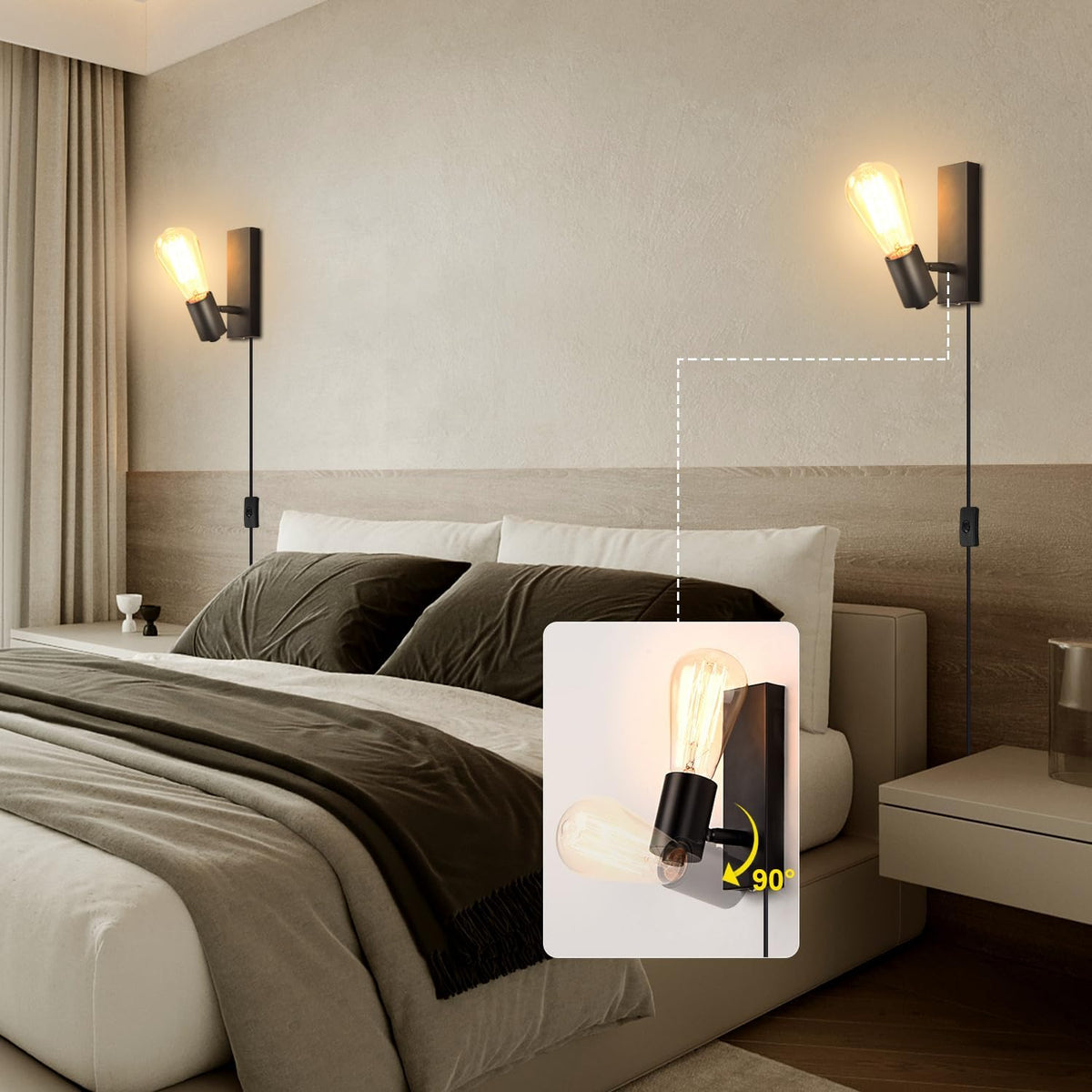 Lightsjoy 2-Pack Plug-In Wall Lights – Rotatable Black Industrial Sconces E27