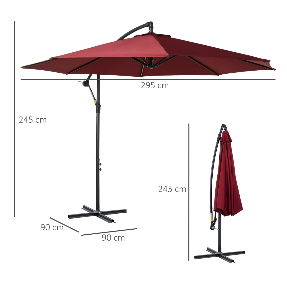 3(m) Garden Banana Parasol Cantilever Umbrella w/ Base, Wine Red Outsunny