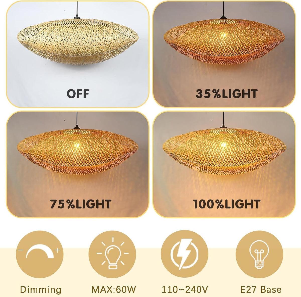 Schindora Bamboo Pendant Light – 40cm Woven Lampshade, E27 Ceiling Fit