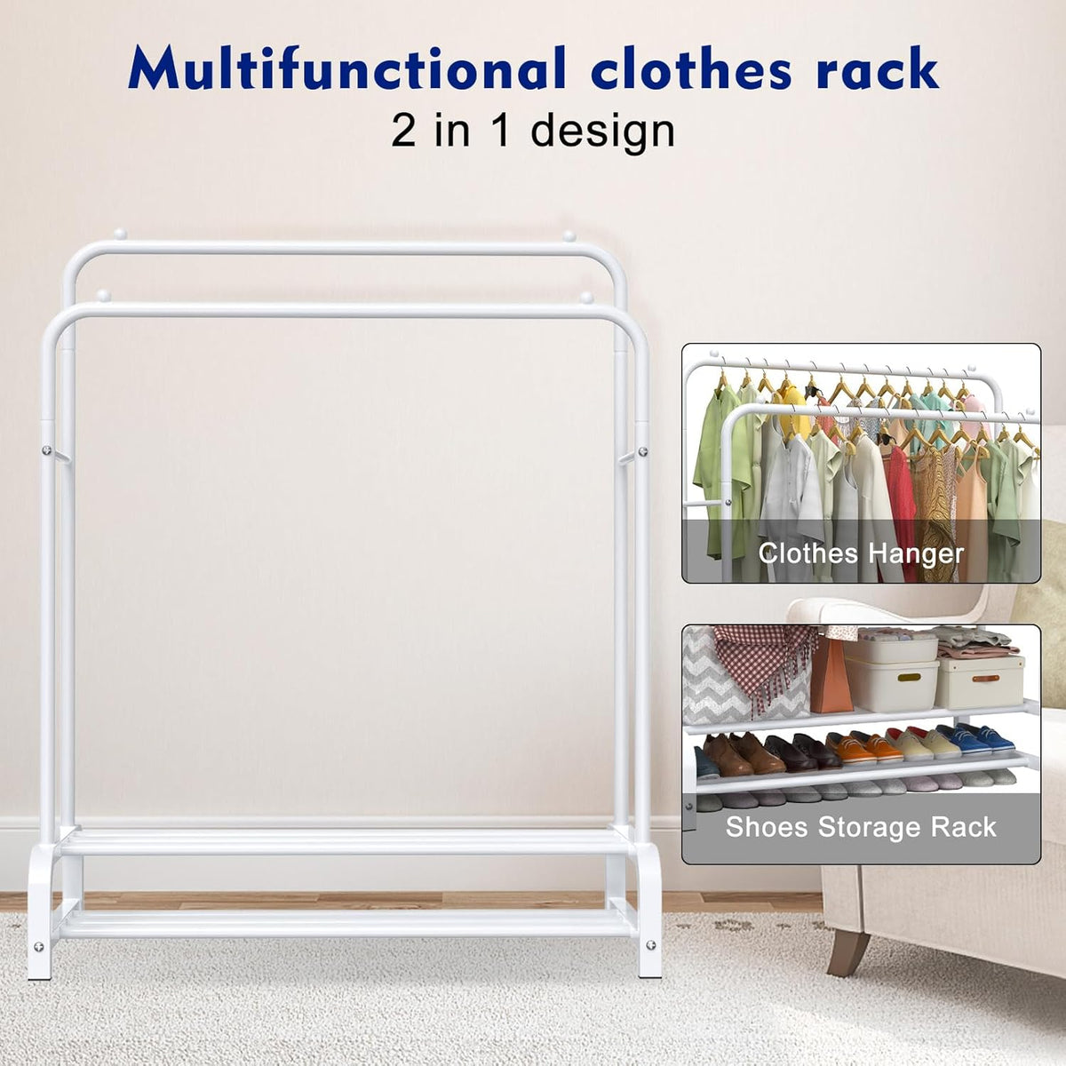 LOEFME 2-Tier Clothes Rail – Double Metal Garment Rack, White