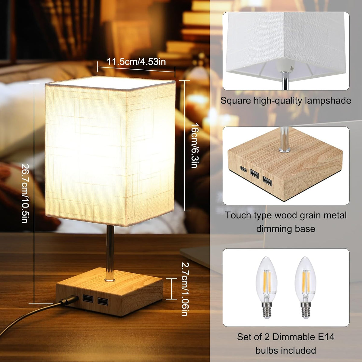 Touch Table Lamps 2-Pack with USB C Dimmable Bedside Lights White Lightsjoy