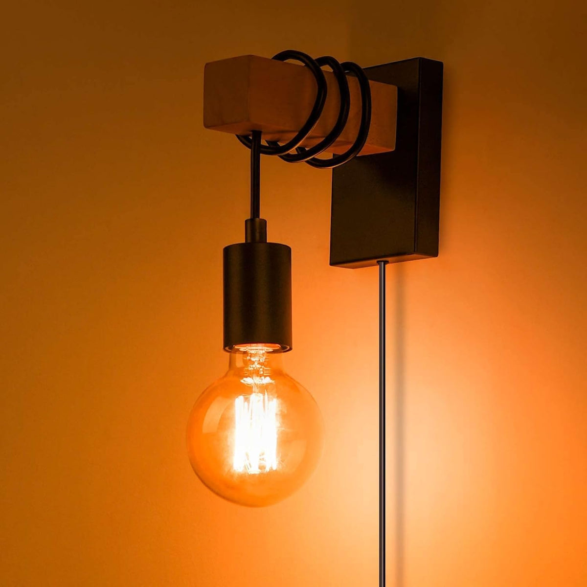 Lightess 2-Pack Plug-In Wall Lights – Dimmable Wood Sconces with Switch Black
