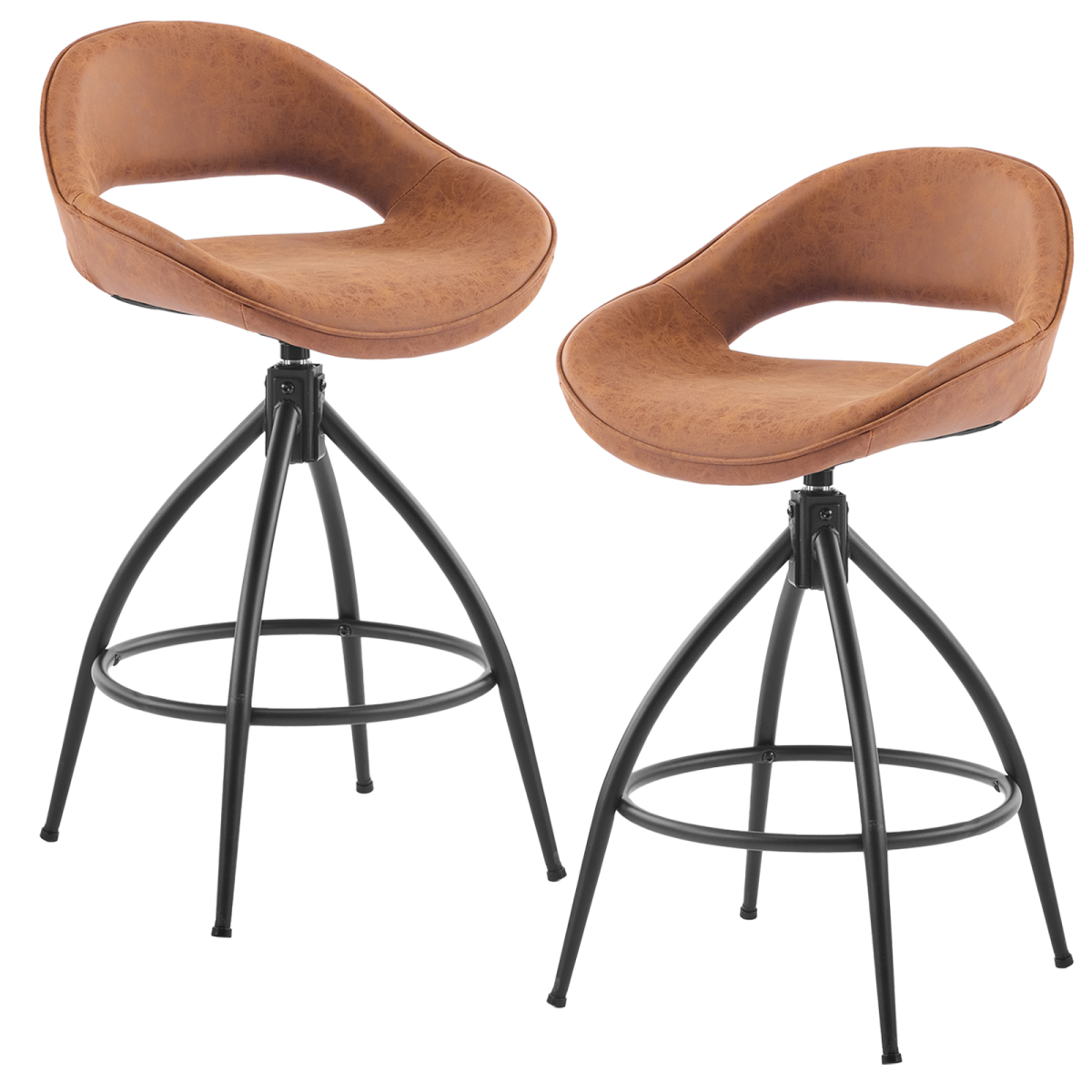 2pcs hollow backrest PU spray-coated bent iron feet bar stool brown with swivel