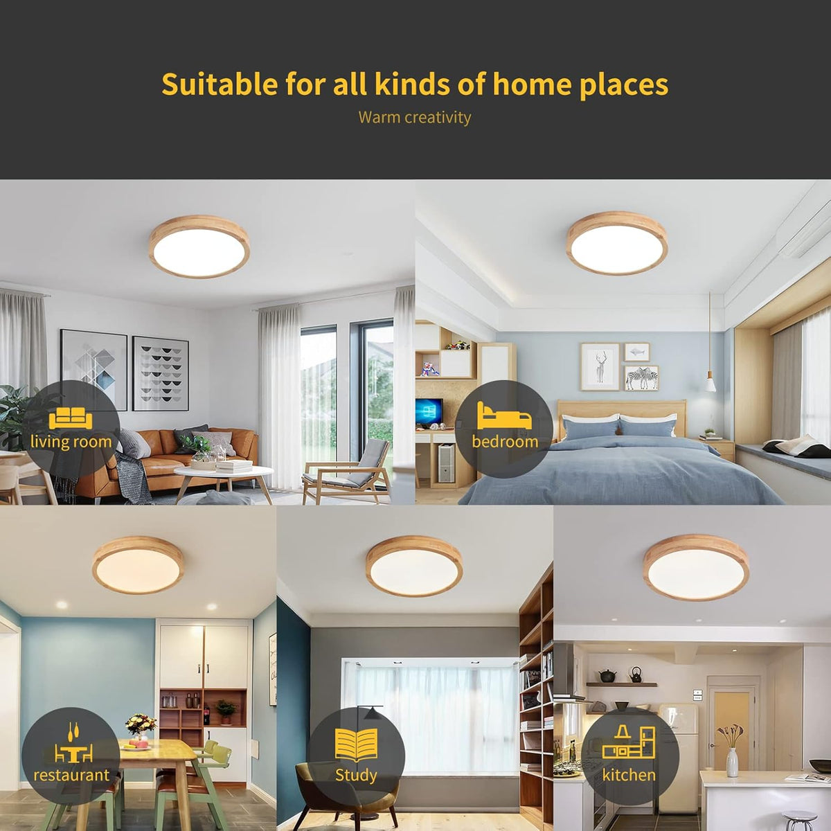 LED Ceiling Light 20W 6000K Round Wood 1600LM Modern Home Light Schindora