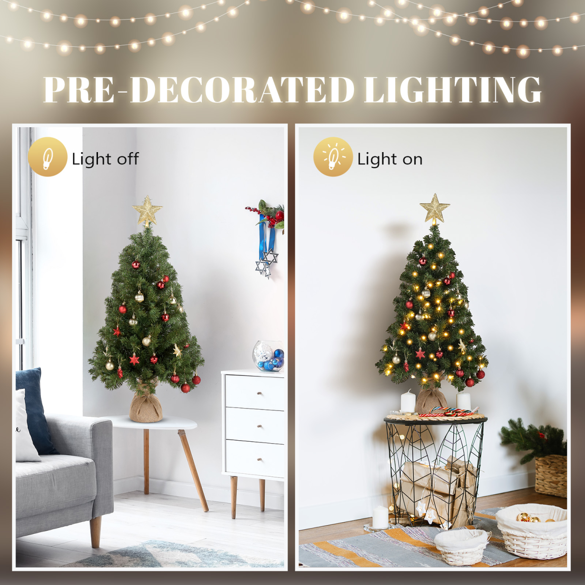 3ft 150 Branches PVC Material Top Stars Linen Base 100 Lights Warm Color 8 Mode Battery Switch Christmas Tree Green