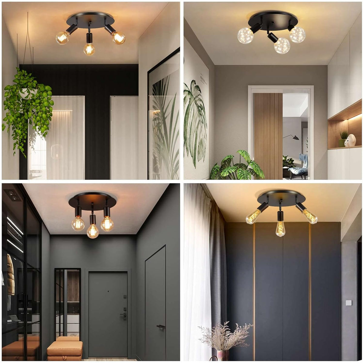 Lightsjoy 3-Way Rotatable Black Ceiling Spot Light – Vintage E27 Flush Mount