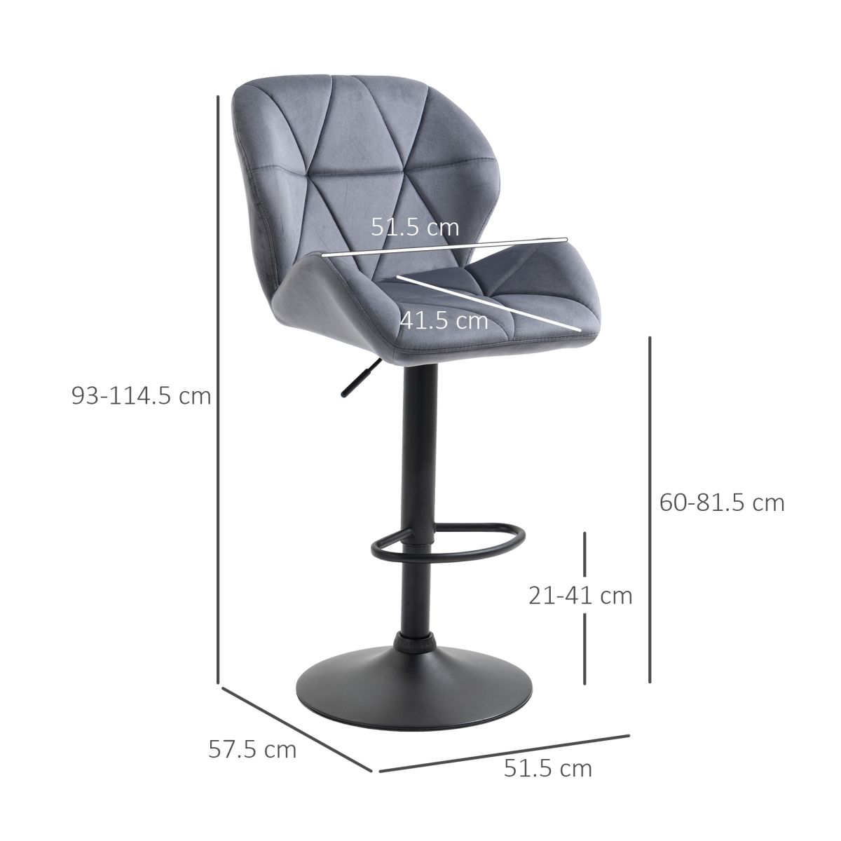 Bar Stool Set of 2 Fabric Adjustable Height Counter Chairs Dark Grey