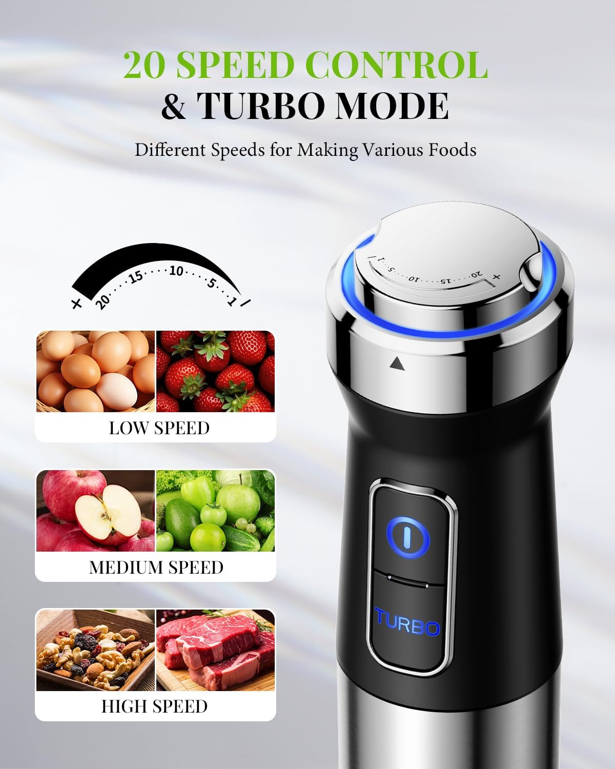 Shardor Hand Blender 6 in 1 Stick Blender 20 Speed 1200W with Beaker Chopper