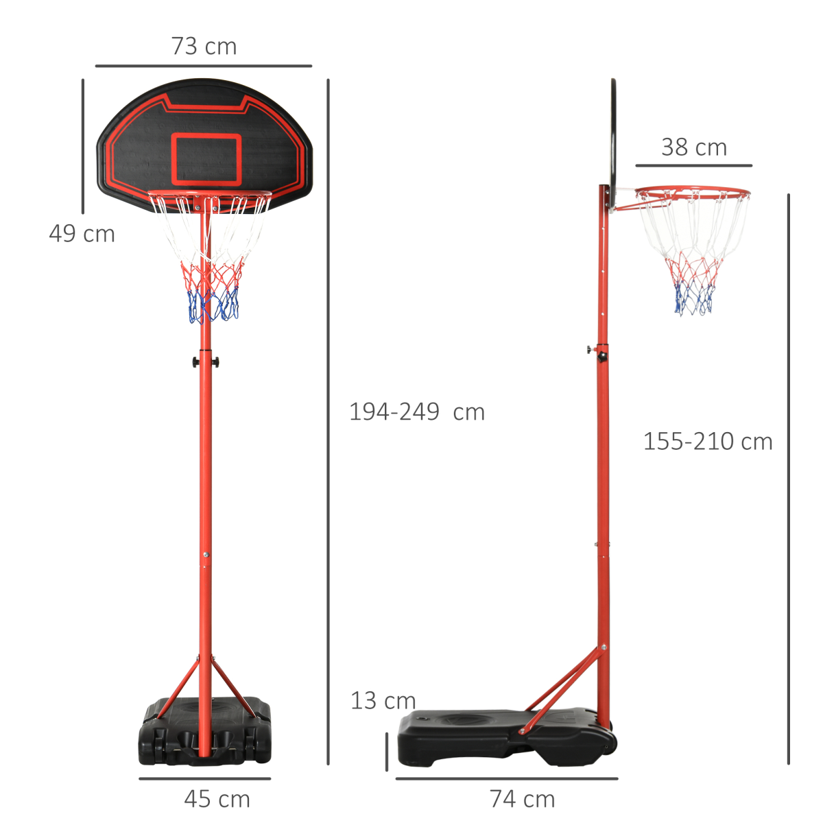 200-250cm Adjustable Basketball Hoop Backboard  w/ Wheels For Kids HOMCOM