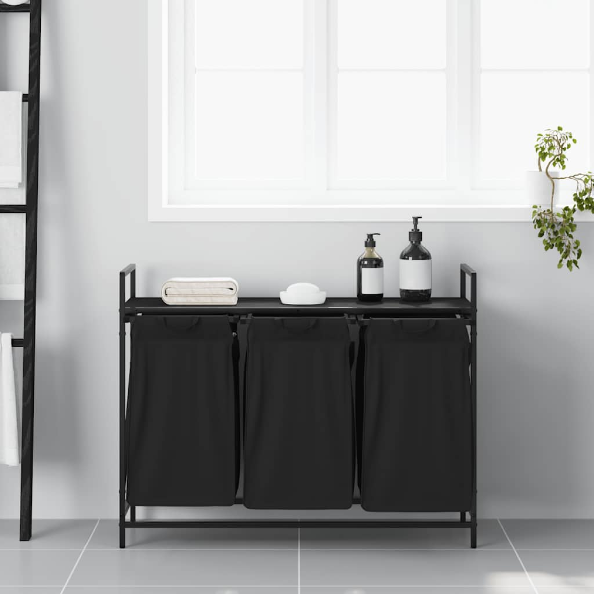 vidaXL Laundry Basket 3 Compartments with Shelf Black Oak
