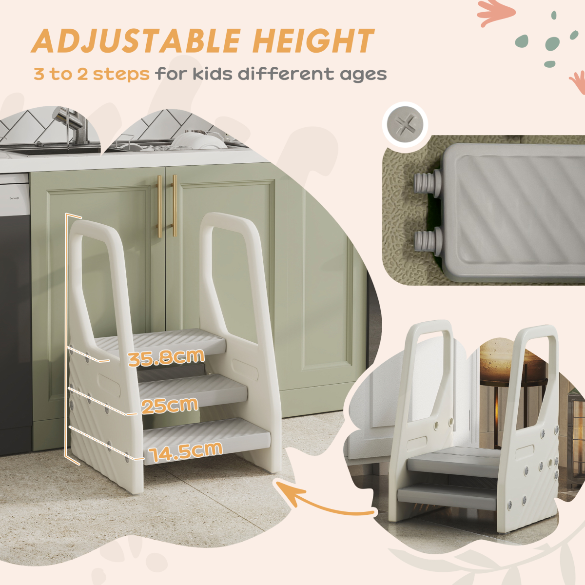 AIYAPLAY Toddler Tower, Adjustable 3 Step Kitchen Stool Helper for 2-5 Years