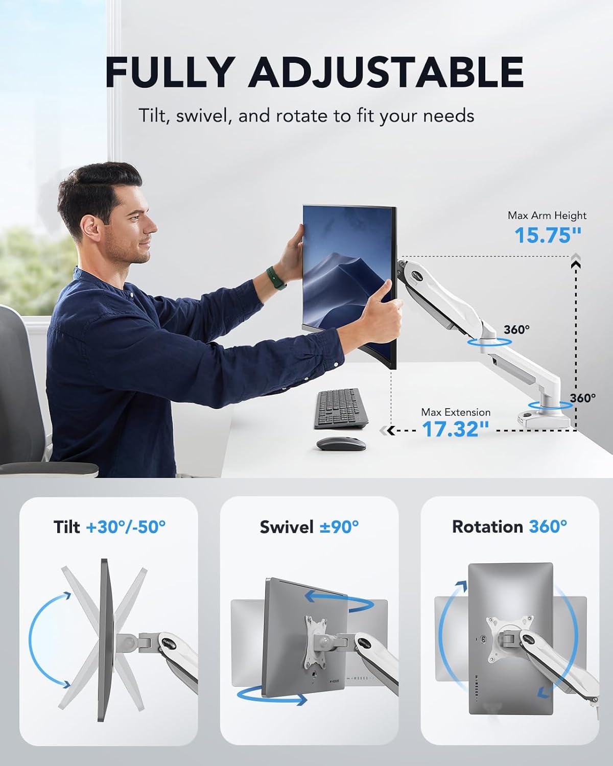 Single Monitor Arm 13 to 32 Inch Adjustable White Desk Mount VESA HUANUO