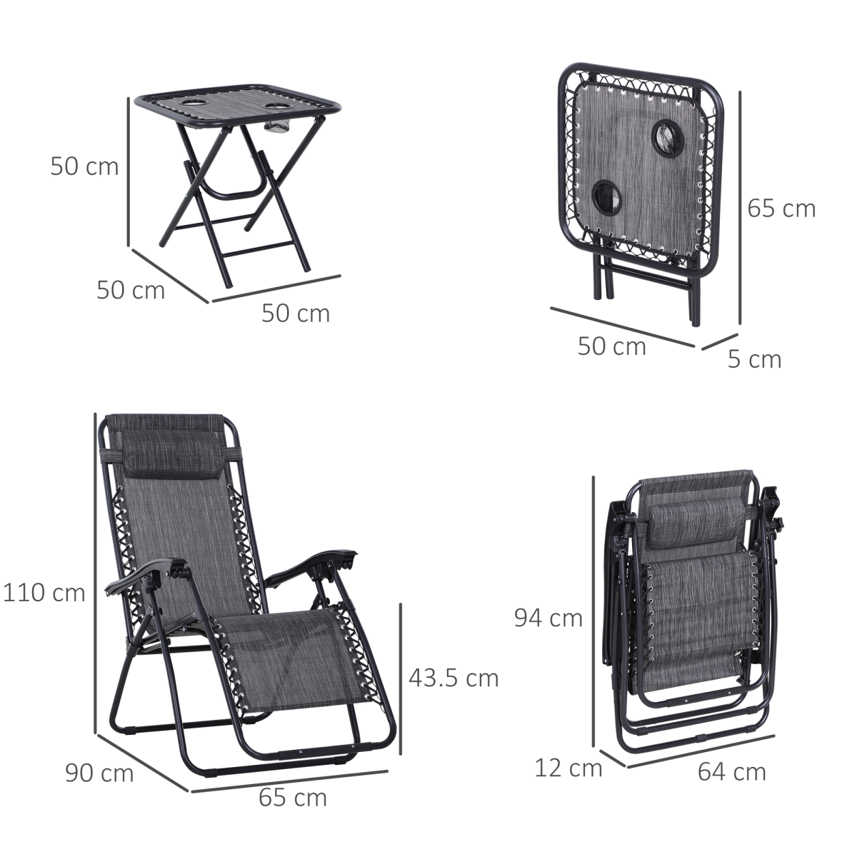 3PC Zero Gravity Chairs Sun Lounger Table Set Cup Holders Light Grey Outsunny