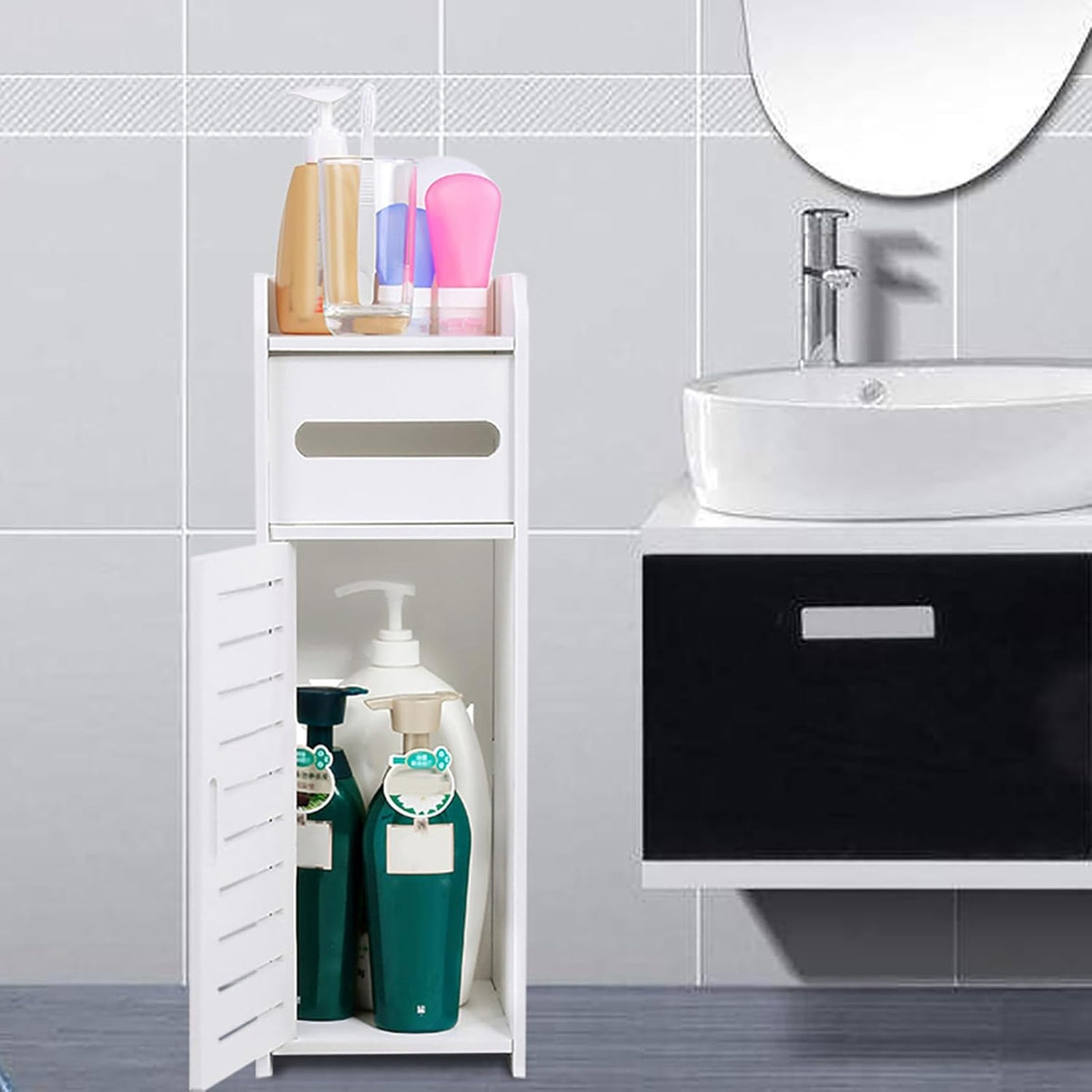 Small Bathroom Cabinet White 3 Tier Freestanding Tissue Box Storage Ejoyous