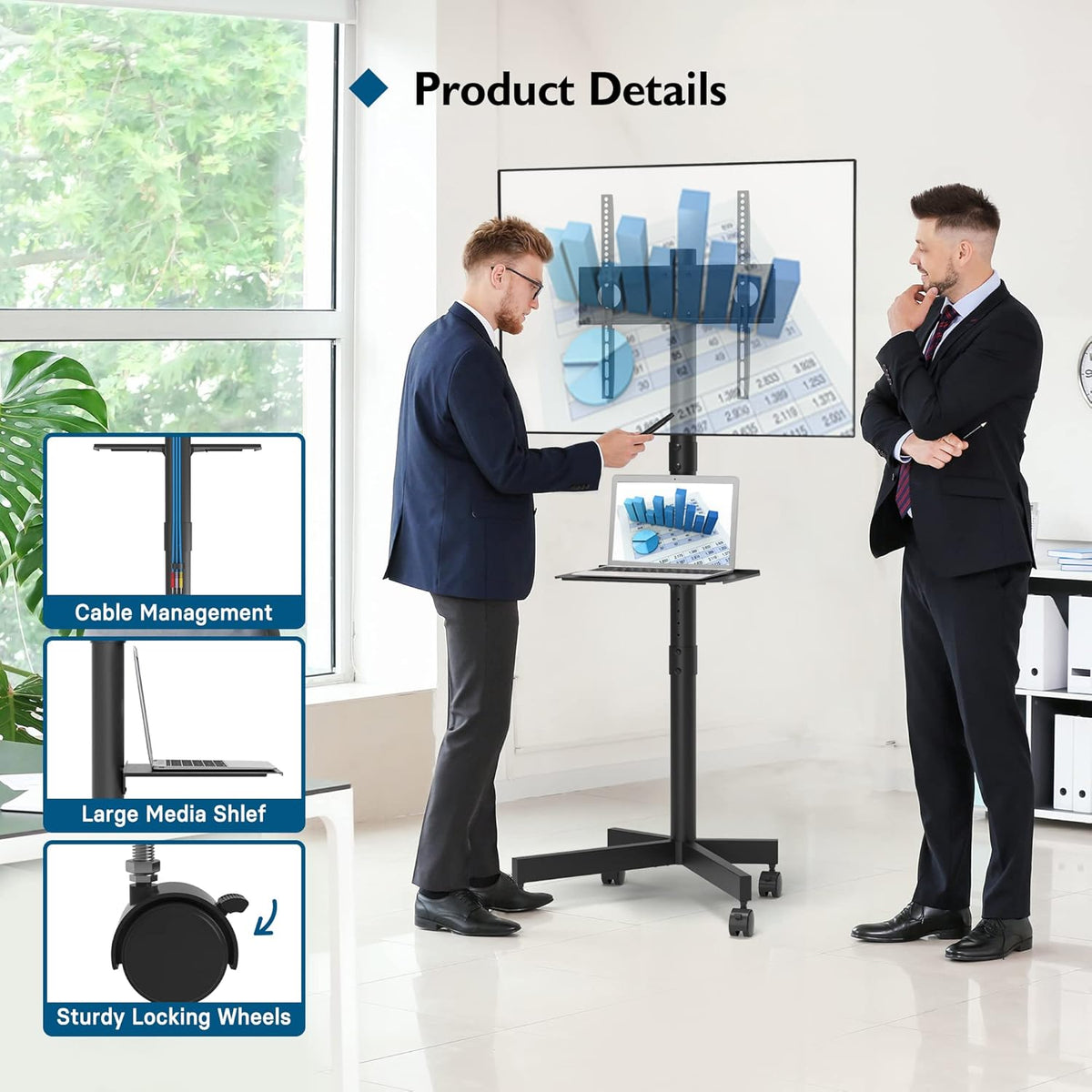 Mobile TV Stand on Wheels 23 to 60 Inch Height Adjustable Shelf BONTEC