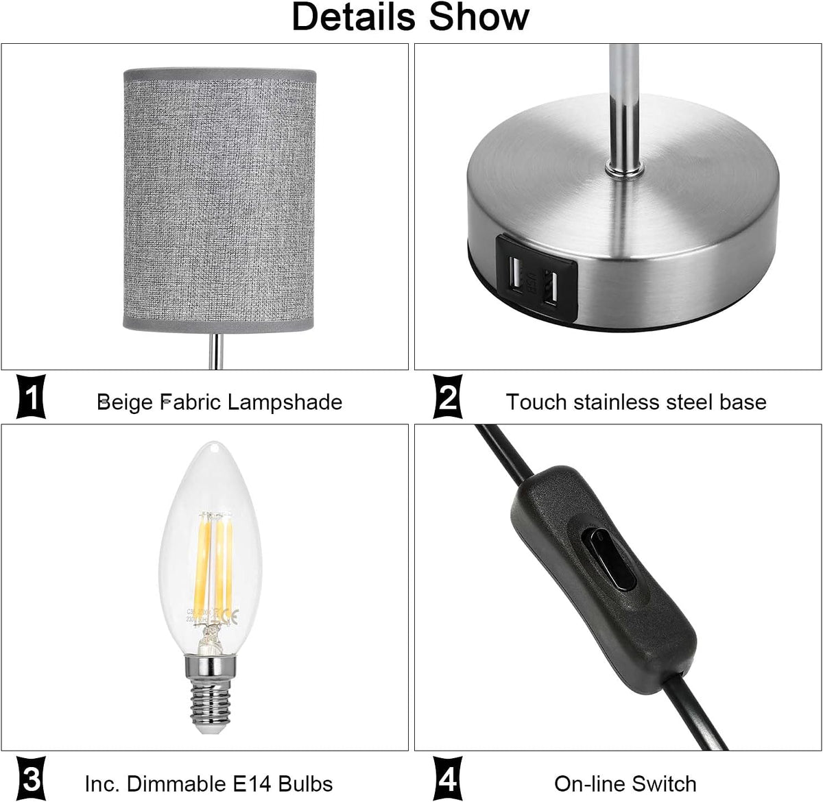 Lightess 2x Touch Bedside Lamps Grey, USB, Dimmable, E14 Bulbs Included – Round