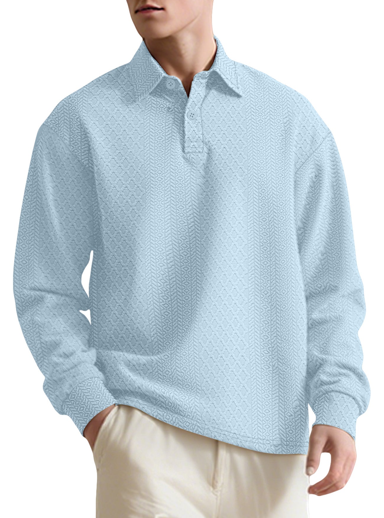 Texture Jacquard Solid Color Men's Long-sleeved Polo Shirt Lapel Loose Sweater