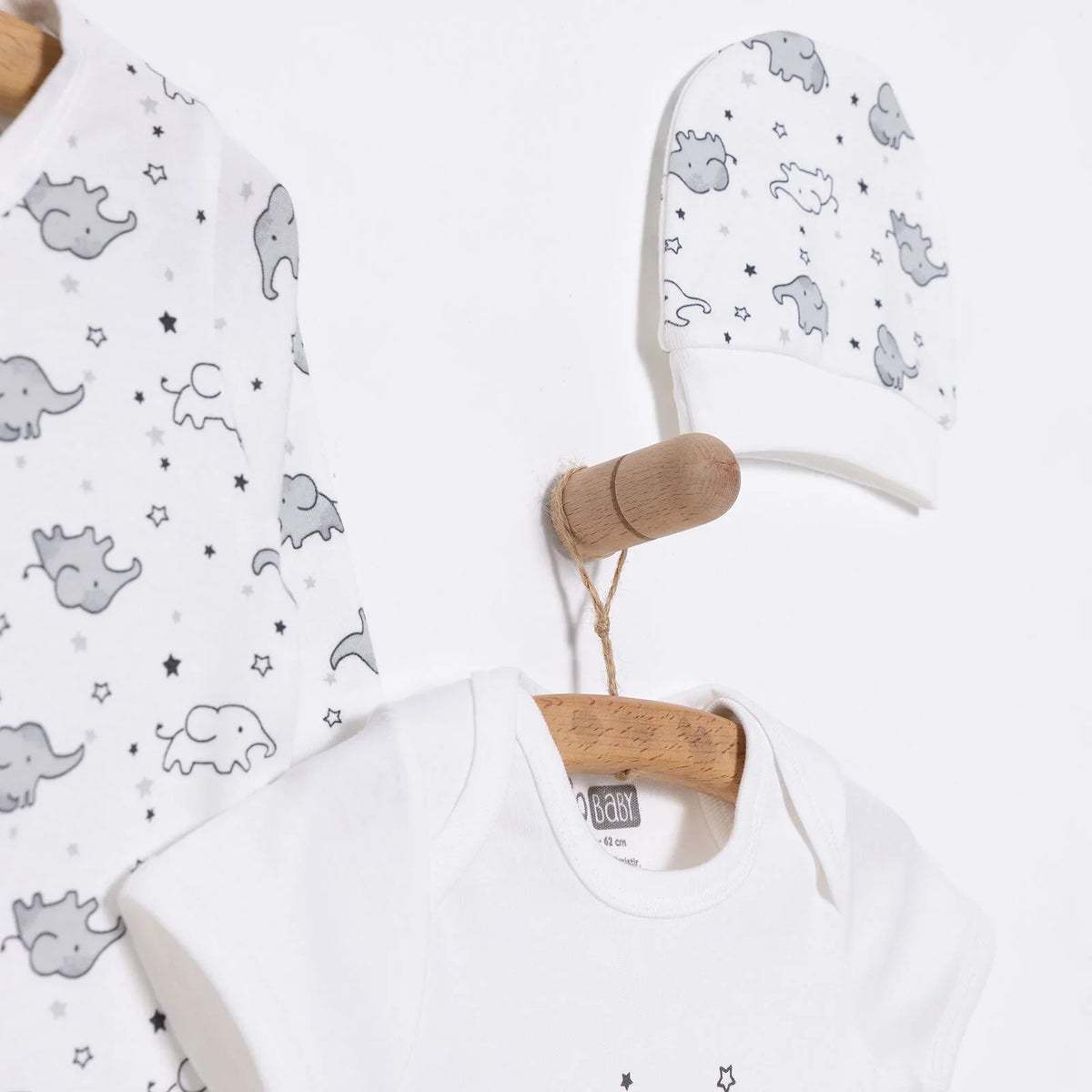 HelloBaby Crew Neck Elephant Print 3 Piece Baby Sleepsuit Set (Newborn to 6 Months)