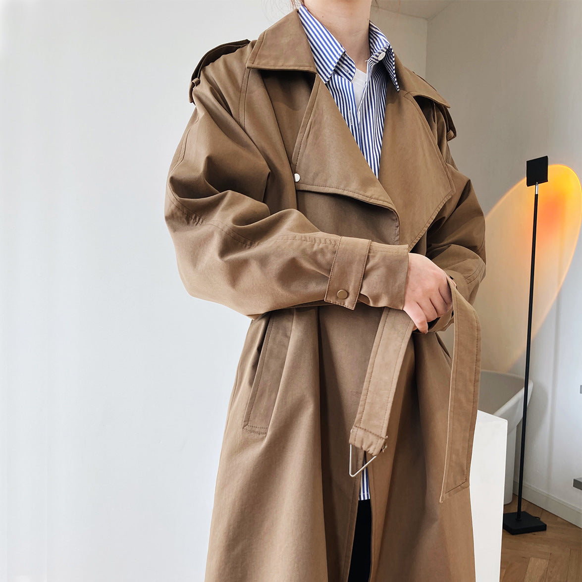 Temperament British Mid Length Over The Knee Windbreaker Women Loose Korean Style Jacket