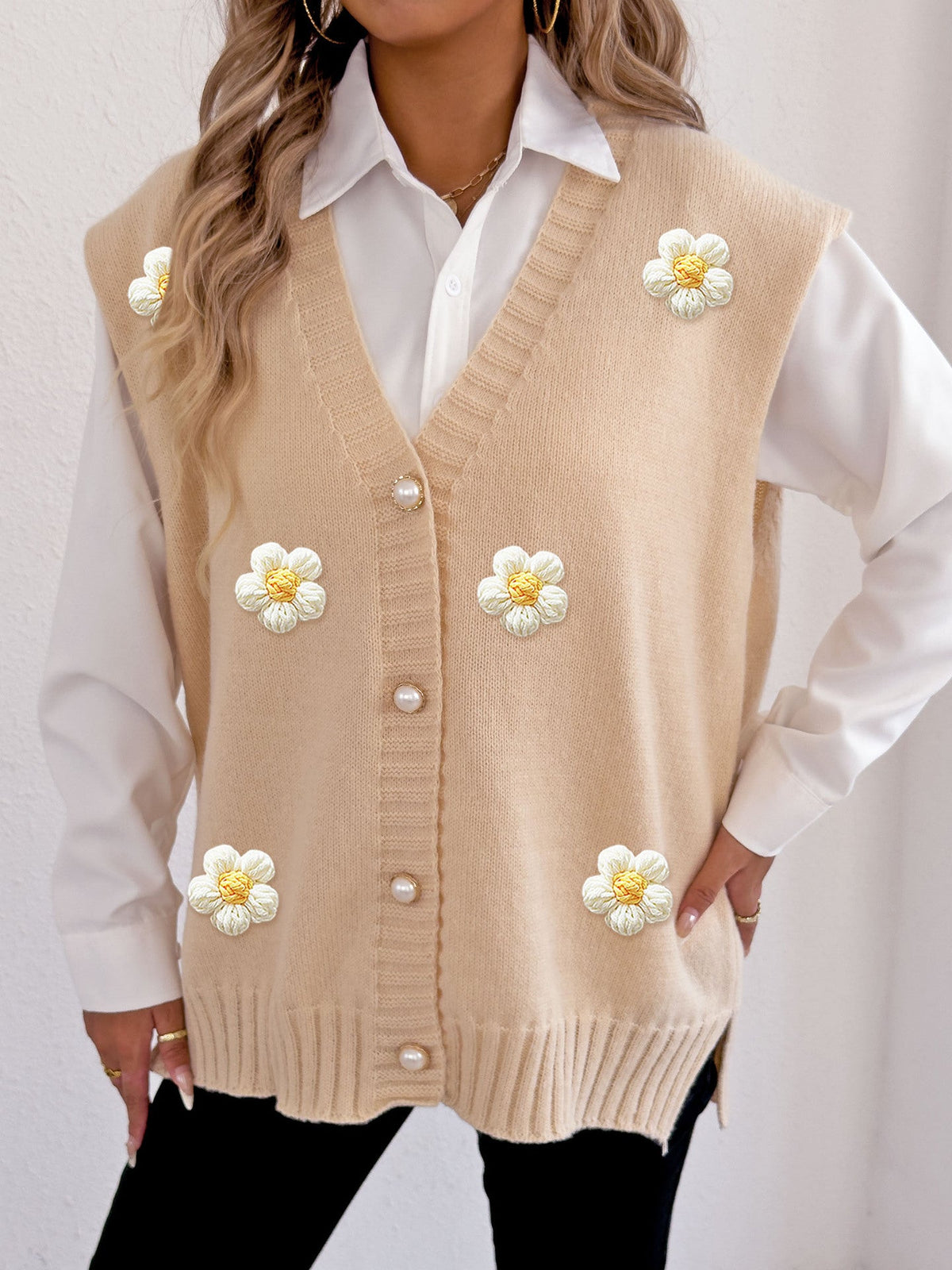 Women's Pearl Button Cardigan Crocheted Stitching Sweater Vest