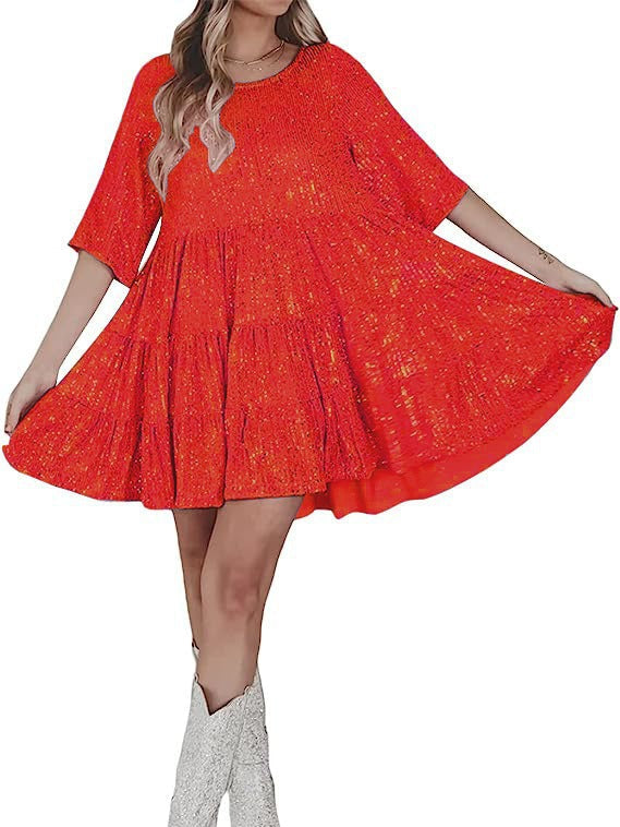 Fashionable Round-neck Loose-fit Short-sleeve Dress With Sequins