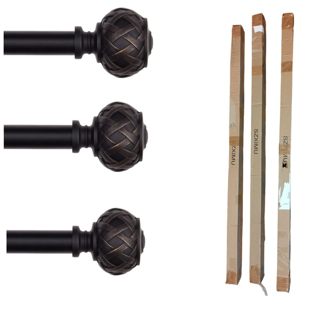 3pcs SZXIMU Curtain Pole 182-365cm (72-144''), Extendable, Netted Finials, Black