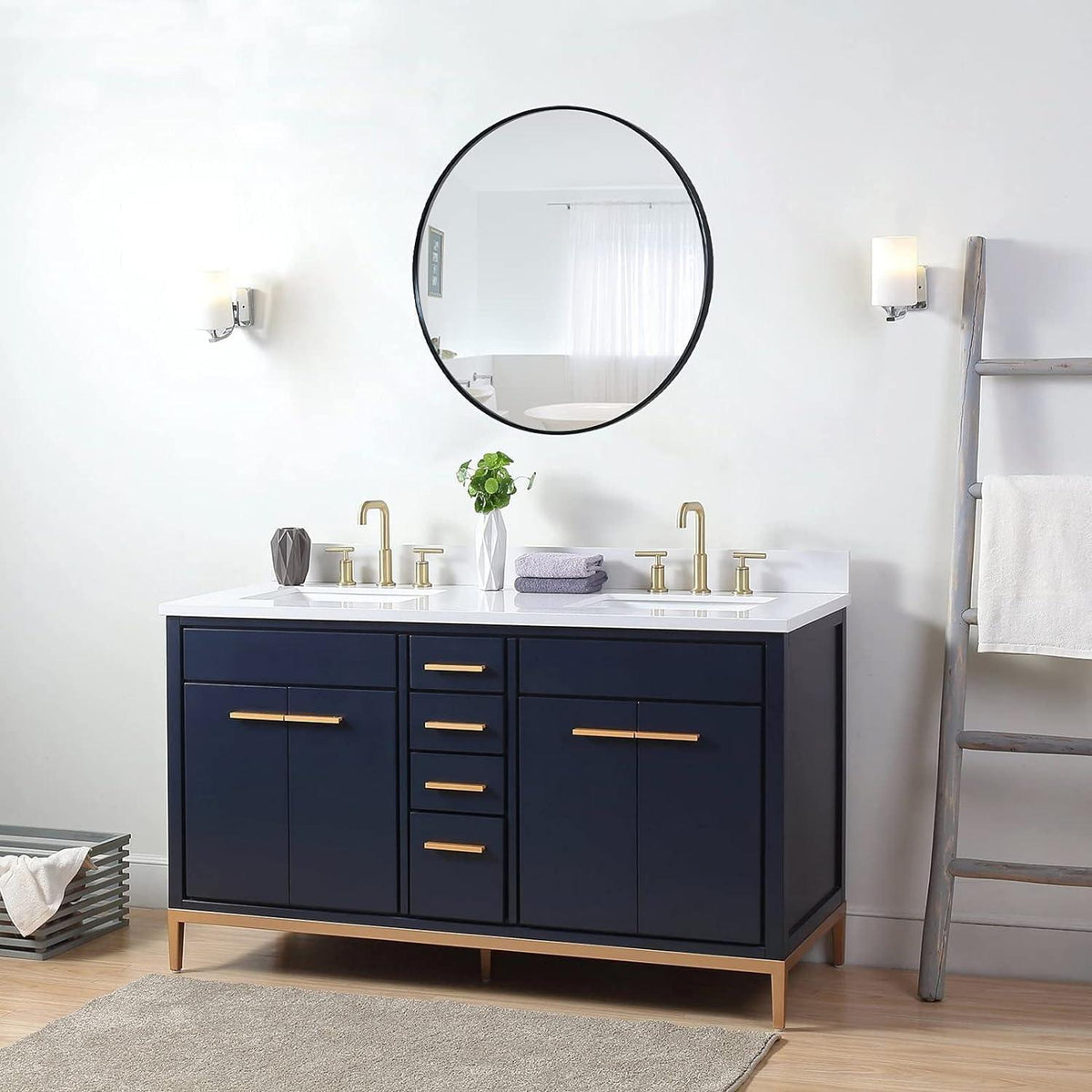 Round Wall Mirror 50x50cm Metal Frame Black Bathroom Living Room Decor ZENIDA