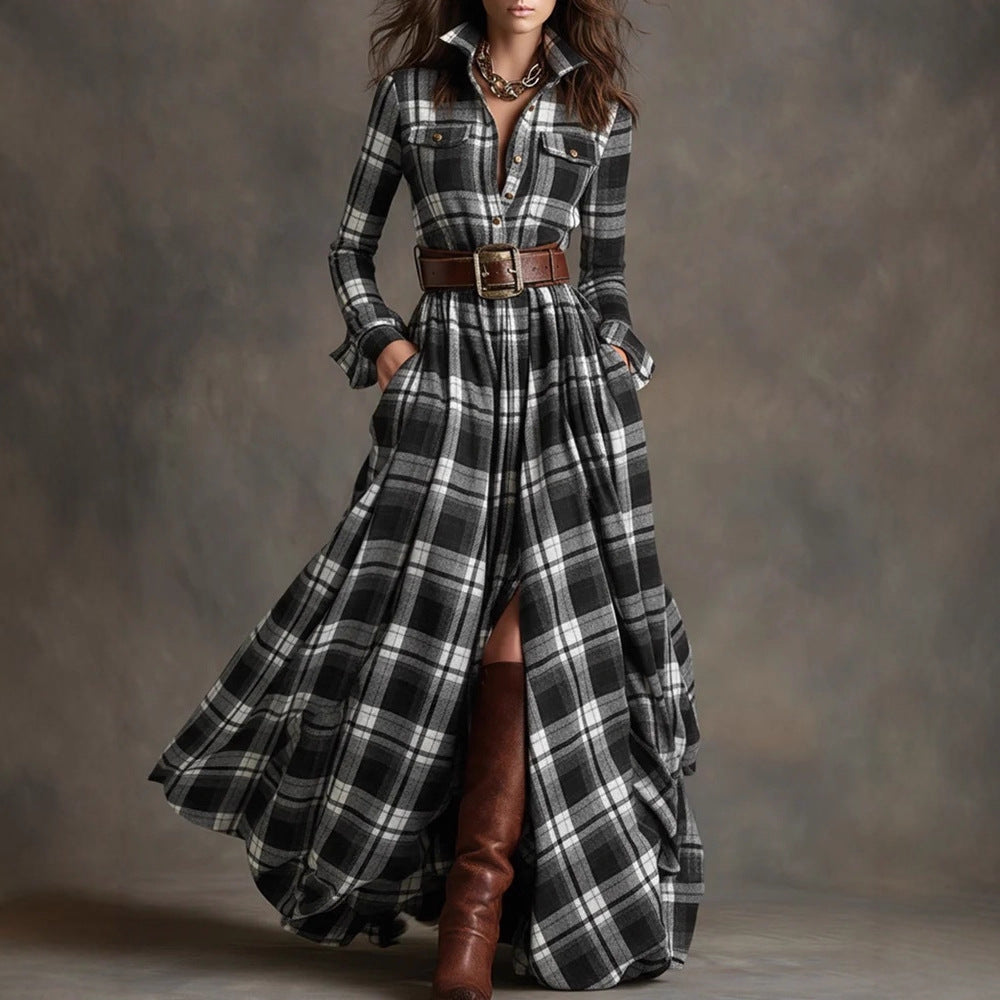 French Retro Grid Dress - Elegant Slim Fit Irregular Hem Dress for Women | Plus Size Available