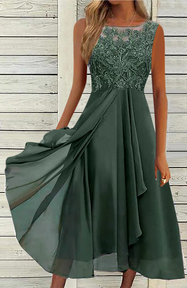 Women's Sleeveless Stitching Lace Hollow-out Chiffon Dress