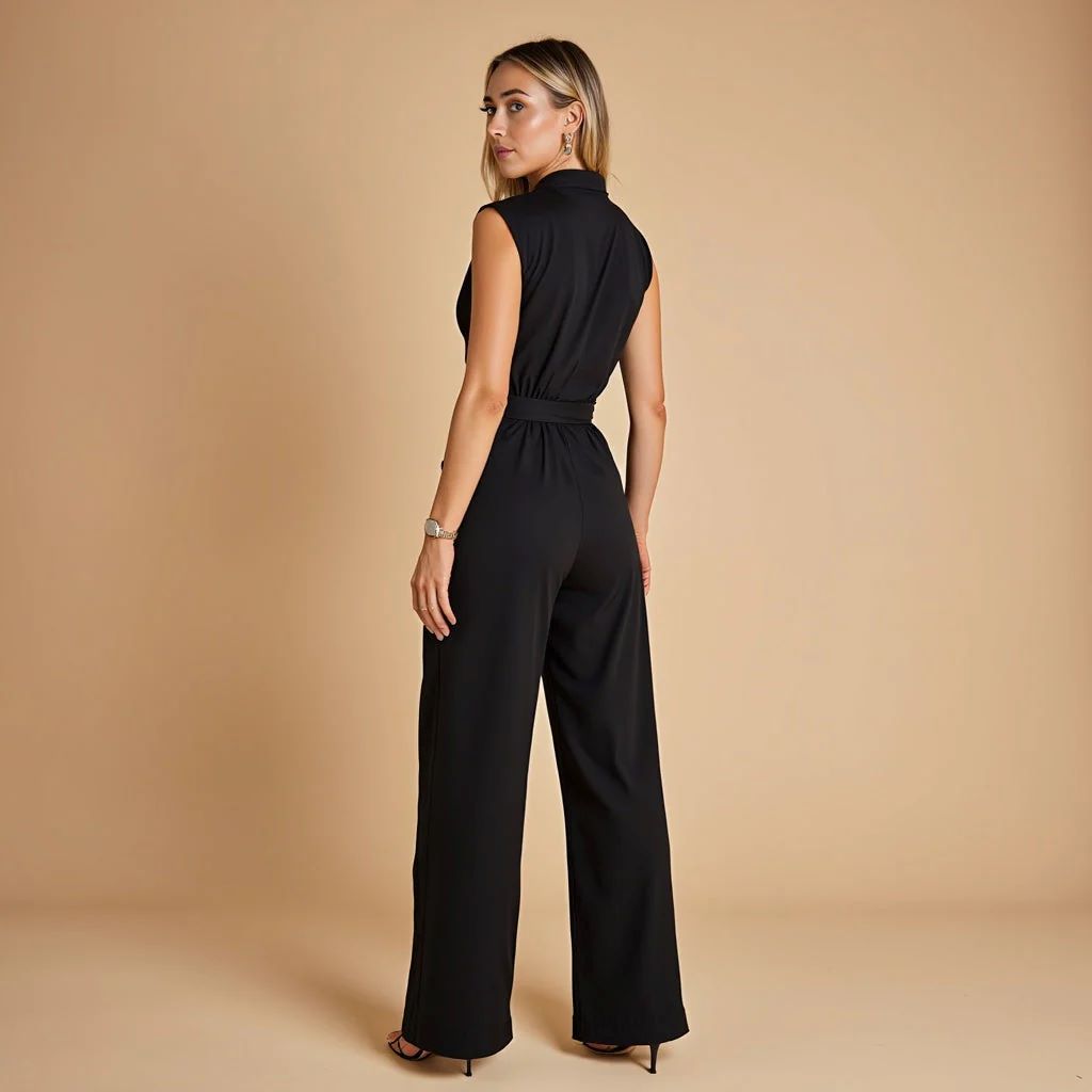Temperament strap waist cinching jumpsuit sleeveless wide leg pants