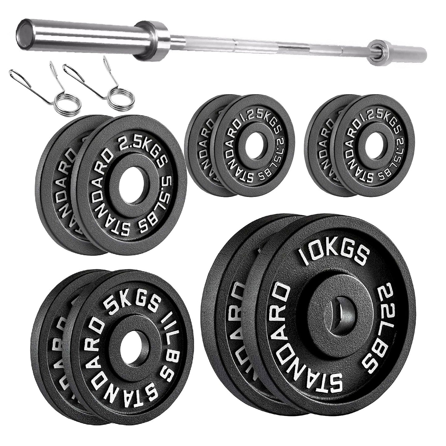 Cast Iron Weight Plates Set and Pair with Olympic Barbell + Clips