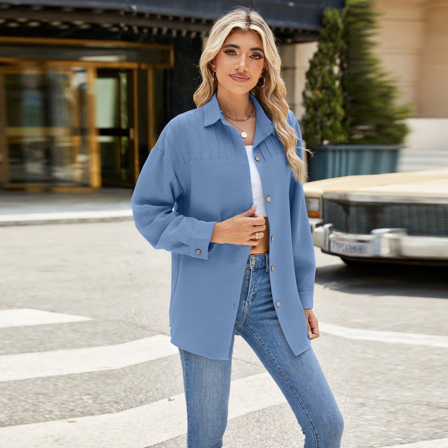 Fashion Lapel Single-breasted Shirt Loose Solid Color Long Sleeve Top Womens Clothing