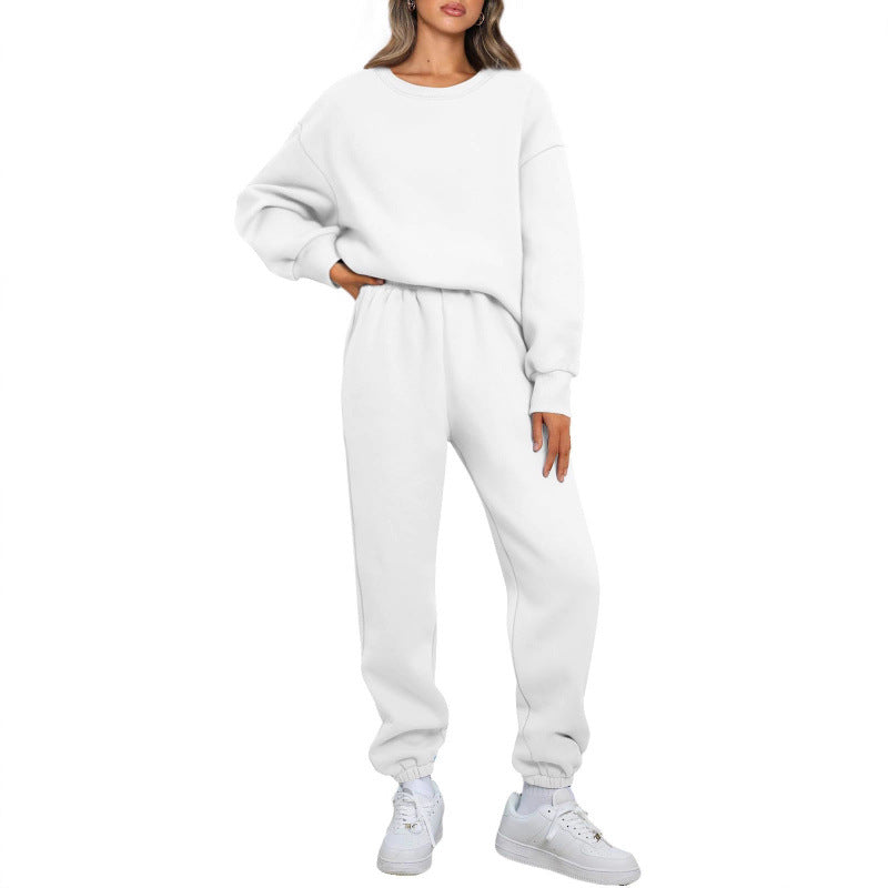 Winter Solid-color Fashionable Crew-neck Pullover With Fleece Lining