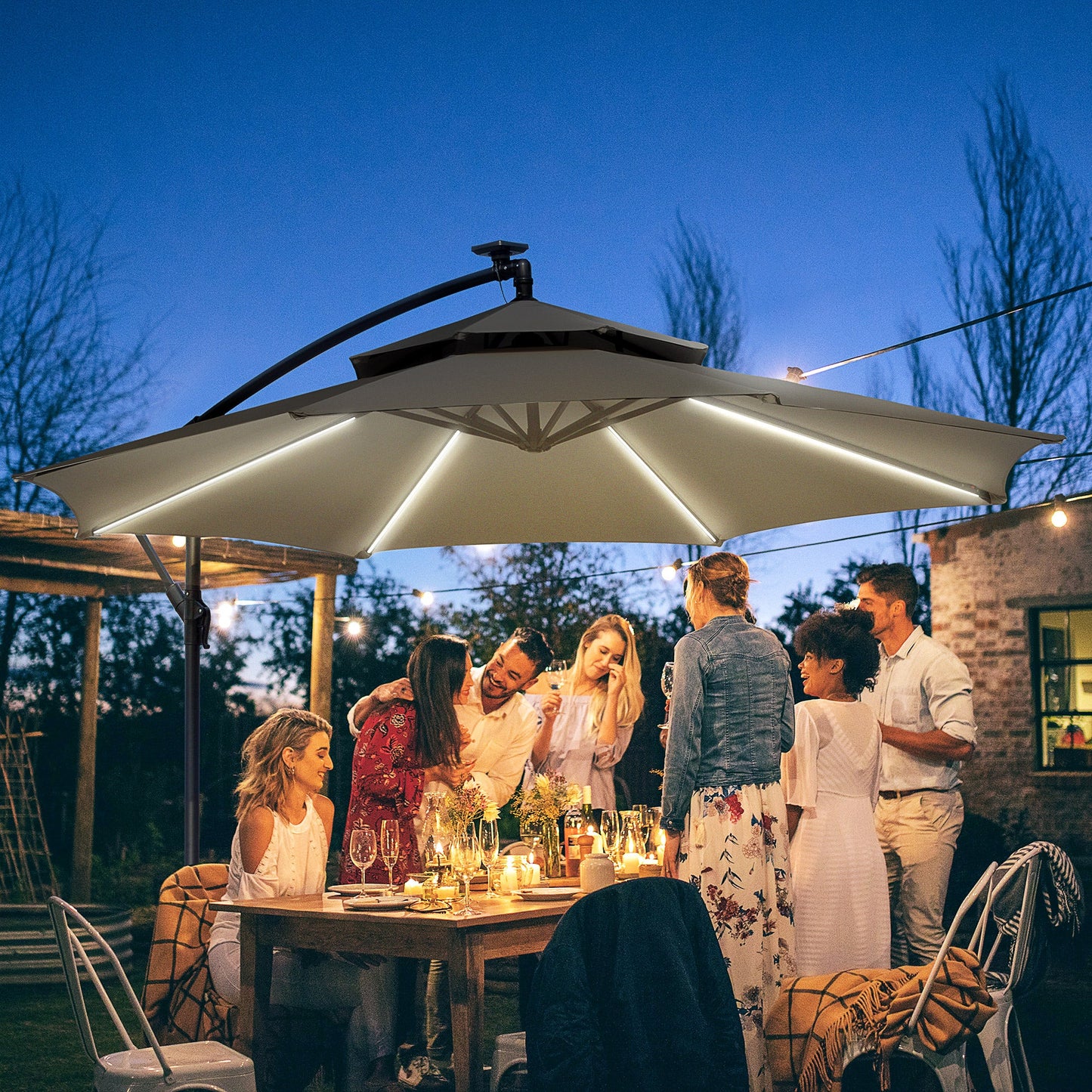 Outsunny 3(m) Cantilever Parasol Hanging Banana Umbrella w/ lights, Light Grey