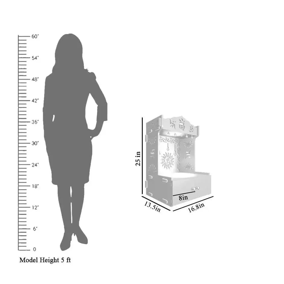 HOMSCAPE White Wooden Wall Temple with Light and Shelf, 64cm