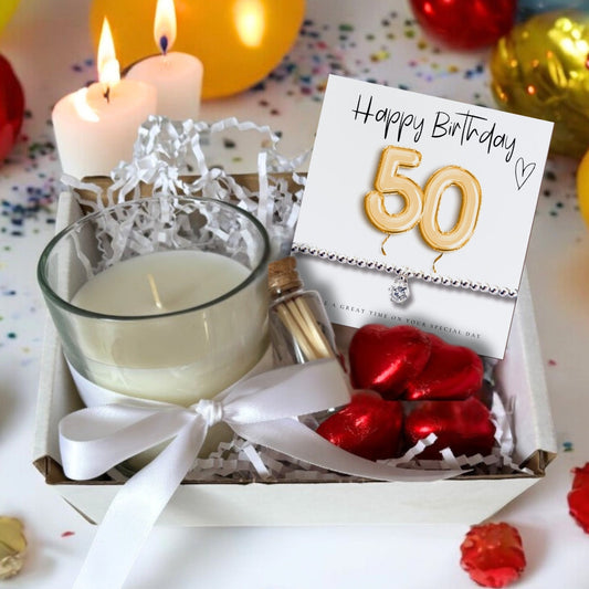 Aye Do Gifts Small 50th Birthday Gold Balloons Gift Hamper - Cubic Zirconia Bracelet, Chocolates & Candle
