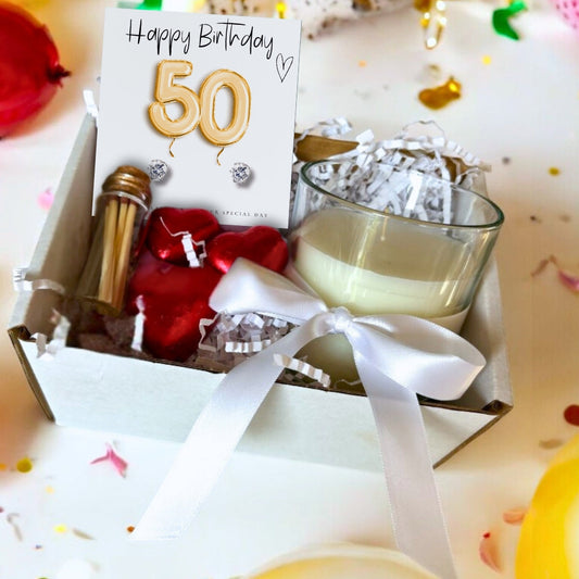 Aye Do Gifts Small 50th Birthday Gold Balloons Gift Hamper - Cubic Zirconia Earrings, Chocolates & Candle